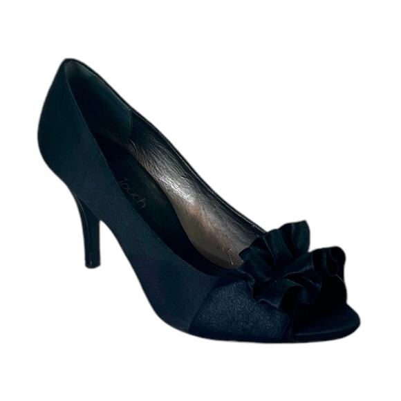 Nina Pump 3 1/2” Heel Black Satin Ruffle Peep Toe Closed Back Women’s Size 7.5M - Picture 1 of 11